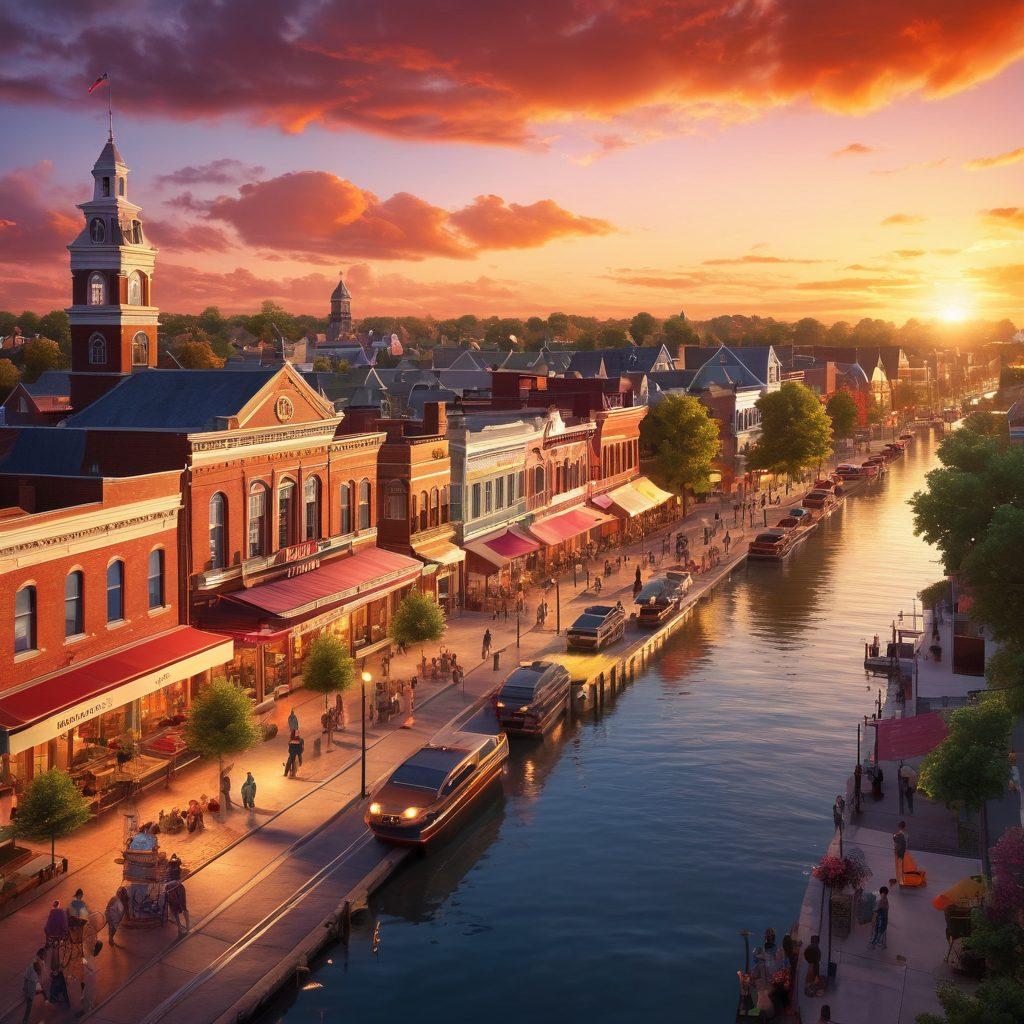 A vibrant cityscape of Batavia at sunset, featuring iconic landmarks, community events in progress, and people interacting in a lively atmosphere. Flashes of news headlines and lifestyle inspirations incorporated into the skyline, with warm colors radiating energy and connection. Emphasize a sense of community and engagement. super-realistic. vibrant colors. 3D.