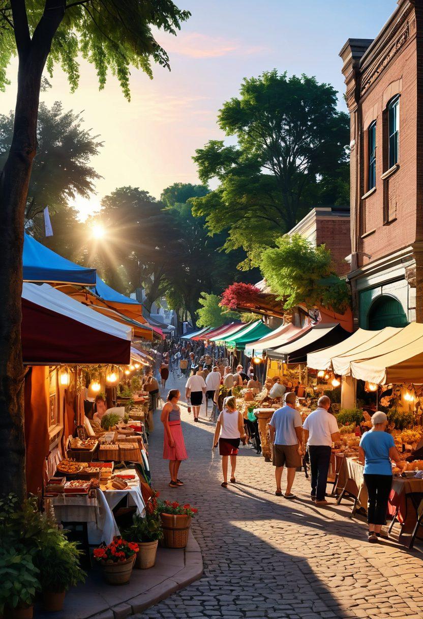 A vibrant street scene in Batavia showcasing diverse locals enjoying a community event, with colorful stalls filled with artisan crafts and delicious food. People of various ages and backgrounds are interacting joyfully, surrounded by lush greenery and historic architecture in the background. The sun sets, casting a warm glow over the lively atmosphere. super-realistic. vibrant colors. 3D.