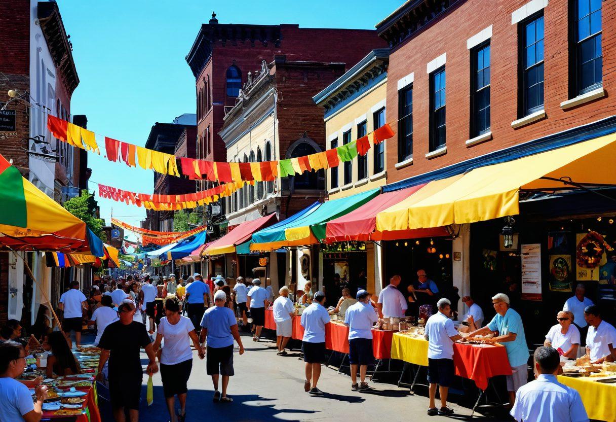 A lively street scene in Batavia during a local festival, showcasing diverse community members engaging in various activities: children playing on colorful banners, artists painting, food vendors serving local delicacies, and musicians performing. The backdrop should feature historic buildings adorned with festive decorations, capturing the essence of community spirit. vibrant colors. super-realistic.
